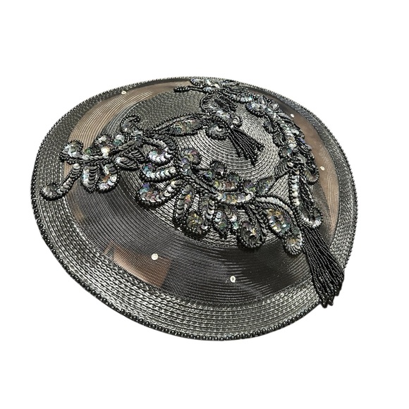 Accessories - Vintage Beaded Sequin Derby Hat Black Statement Formal Cocktail Church Tassel